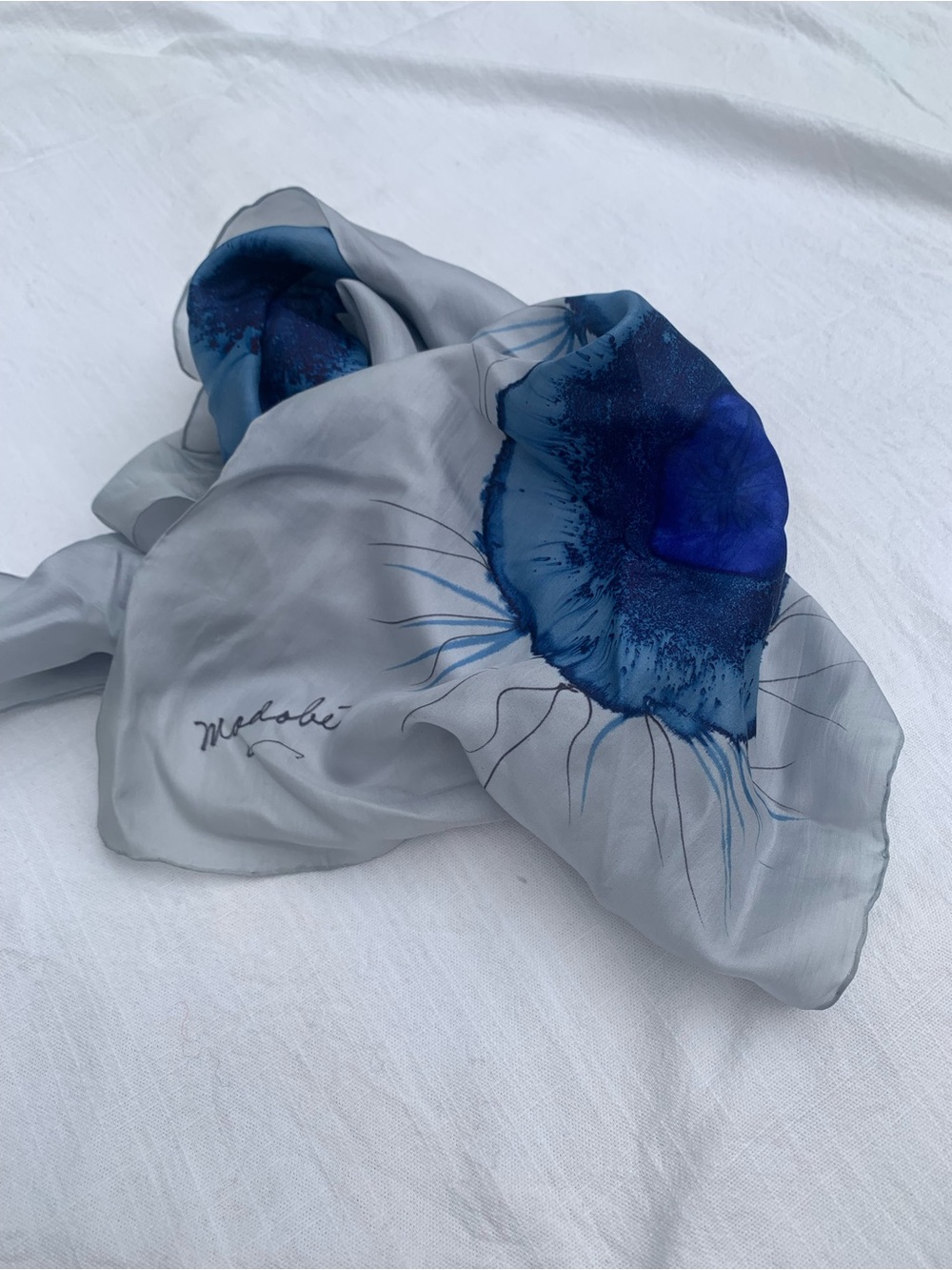 Vintage Madabé Hand Painted Silk Oblong Scarf Blue Grey Floral Pattern Signed